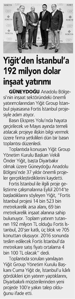 Yiğit'den İstanbul'a 192 milyon dolar inşaat yatırımı